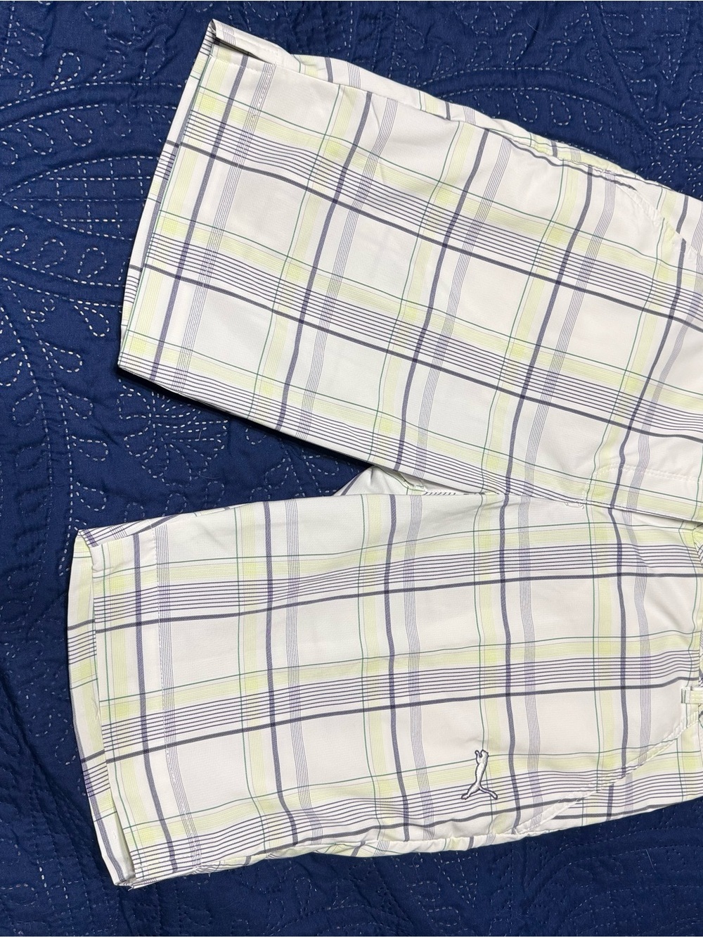 Puma White Plaid Golf Shorts with Light Yellow & Light Gray Stripes